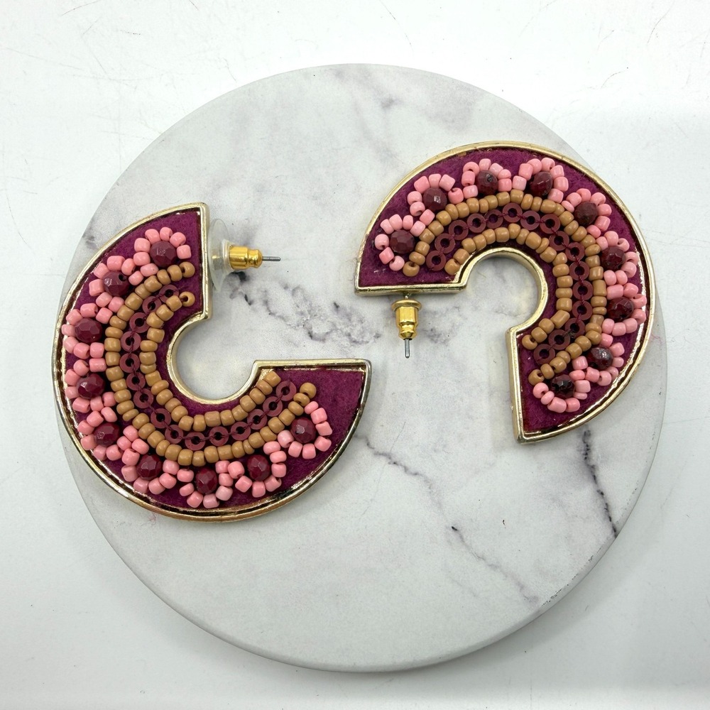 Bohemian Beaded Hoop Earrings Maroon & Pink Statement Accessories Handmade Style